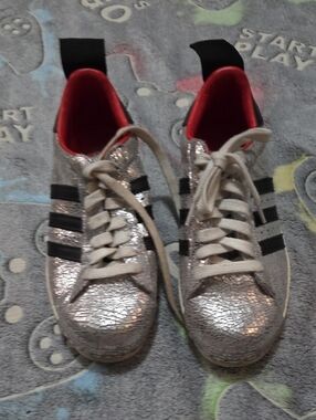 adidas Silver Glitter Sneakers with Black Stripes and Red Interior